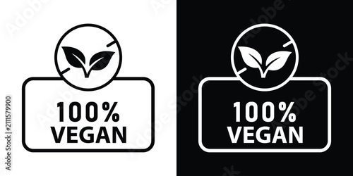 Canvas Print Scalloped badge label with 100% vegan text and leaf symbol, presented in black and white modern minimal sticker formats for organic product design