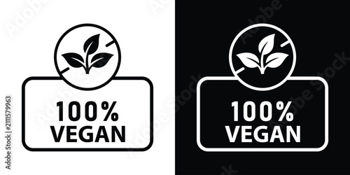 Obraz na plátne Scalloped badge label with 100% vegan text and leaf symbol, presented in black and white modern minimal sticker formats for organic product design