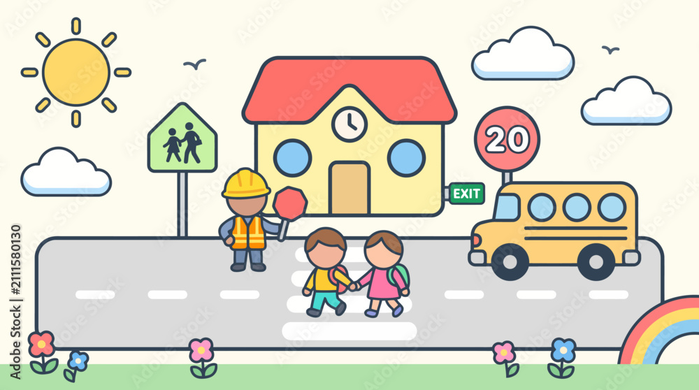Naklejka premium School Children Crossing Road Safely with Crossing Guard and Bus Vector Illustration