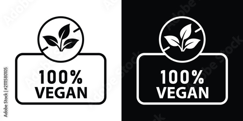 Fotografia Scalloped badge label with 100% vegan text and leaf symbol, presented in black and white modern minimal sticker formats for organic product design