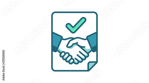 Sleek Blue and Teal Handshake Icon with Checkmark on Document Professional Agreement Symbol with high quality professional line art symbols for modern creative design and digital branding projects