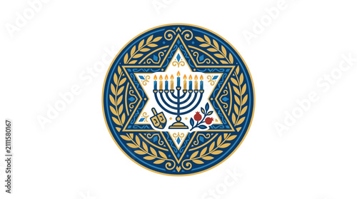 Sleek Blue and Gold Illustrated Star of David with Menorah Dreidel and Pomegranate Symbols for Jewish Holiday Decor