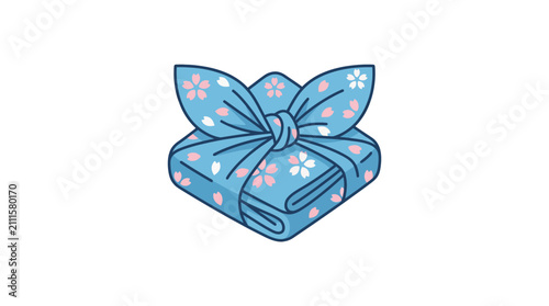 Creative Blue Fabric Gift Wrapped as a Flower with Cherry Blossom Patterns Isometric with high quality professional line art symbols for modern creative design and digital branding projects