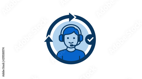 Sleek Blue Customer Support Agent Icon with Circular Arrows and Checkmark in Modern Design with high quality professional line art symbols for modern creative design and digital branding projects