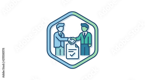 Sleek Business Agreement Icon with Handshake and Checklist Document in Modern Blue Green Gradient Hexagonal Frame