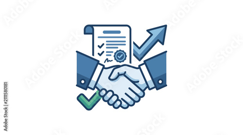 Sleek Business Agreement Featuring Handshake Document Checkmark and Growth Arrows in Blue and Green