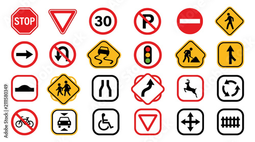 Collection of various traffic signs and road symbols for safety and guidance. EPS Editable. Vector Illustrations.