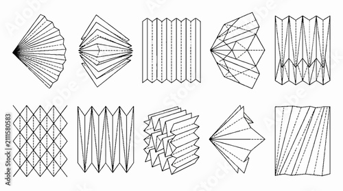 A collection of various geometric origami paper folding patterns and textures.