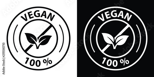 Φωτογραφία Circular 100% vegan badge vector with prominent leaf sprout element, displayed in solid black and inverted white styles for natural food packaging