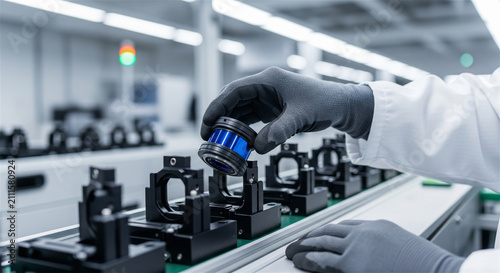 Precision optical lens assembly in cleanroom, technician installing blue glass element on high-tech manufacturing line, industrial microelectronics production