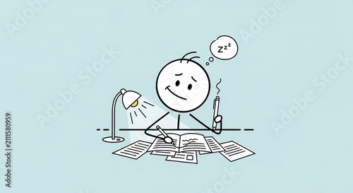 Pensive Stick Figure Writing at Desk Under Lamp on Blue Background