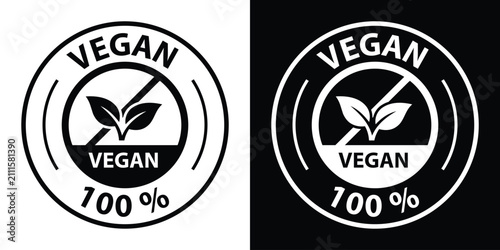 Konstfotografi Circular 100% vegan badge vector with prominent leaf sprout element, displayed in solid black and inverted white styles for natural food packaging