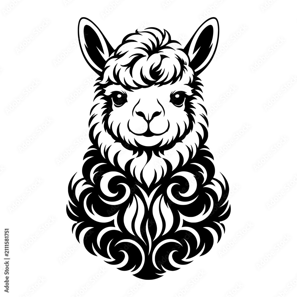 Obraz premium Black and white alpaca portrait with fluffy wool and a friendly expression, ideal for animal, farm, mascot, logo, tattoo, or decorative design.