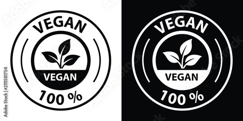 Konstfotografi Circular 100% vegan badge vector with prominent leaf sprout element, displayed in solid black and inverted white styles for natural food packaging