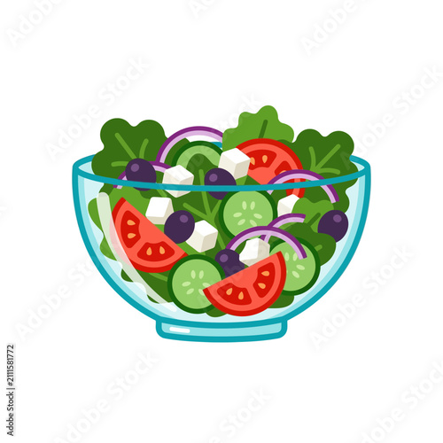 Foto Vegetable salad in a glass bowl features fresh tomatoes, cucumbers, olives, and feta cheese