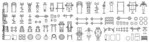 Top View Architectural Gym Equipment CAD Floor Plan Black Outline Vector Set