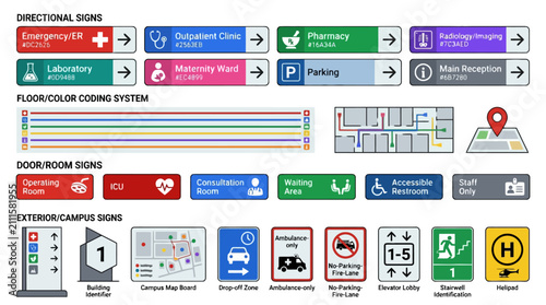 Hospital wayfinding signage collection with directional signs color coding map and room icons set. EPS Editable. Vector Illustrations.