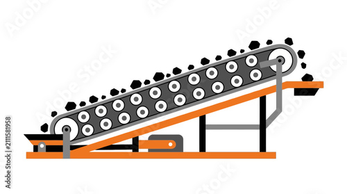 Industrial conveyor belt system transporting coal or raw materials in a factory setting. EPS Editable. Vector Illustrations.