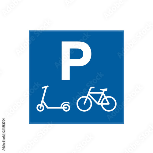 Parking sign for bicycles and scooters on blue background. EPS Editable. Vector Illustrations.