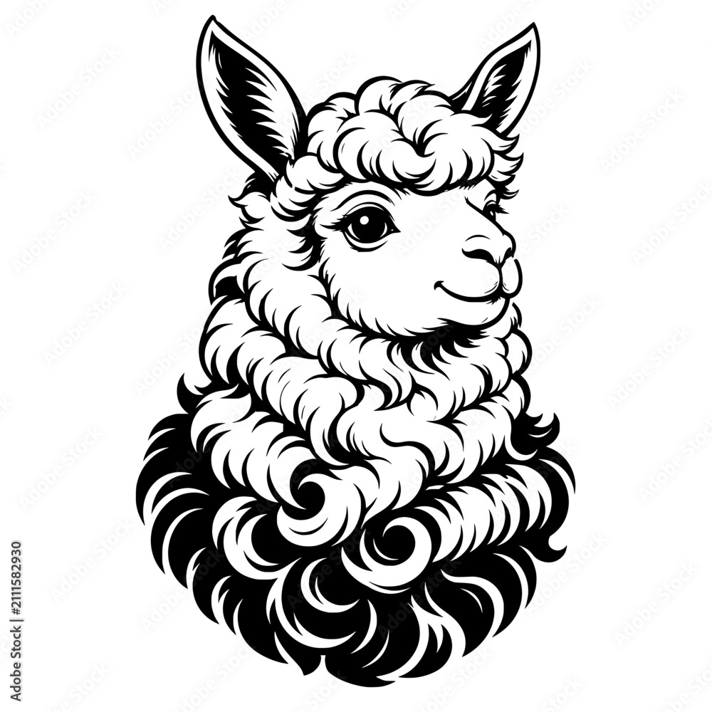 Obraz premium Black and white alpaca portrait with fluffy wool and a friendly expression, ideal for animal, farm, mascot, logo, tattoo, or decorative design.