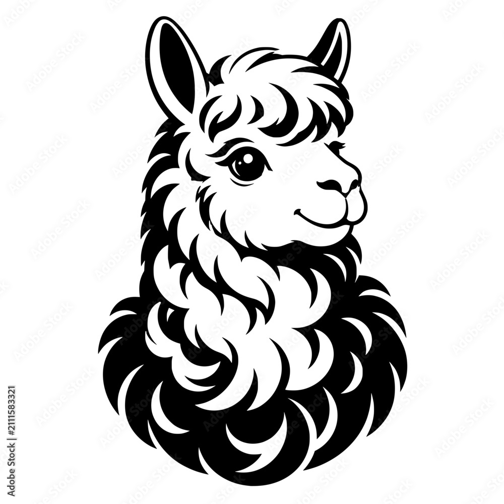 Obraz premium Black and white alpaca portrait with fluffy wool and a friendly expression, ideal for animal, farm, mascot, logo, tattoo, or decorative design.