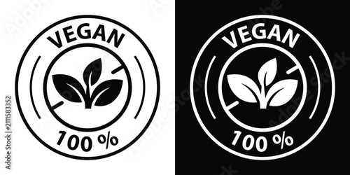 Tablou pe pânză Circular 100% vegan badge vector with prominent leaf sprout element, displayed in solid black and inverted white styles for natural food packaging