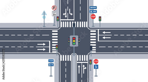 Top view illustration of a city road intersection with traffic lights and crosswalks. EPS Editable. Vector Illustrations.