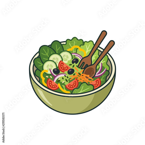 Fotografía Salad bowl with wooden serving utensils displays a mix of greens, vegetables, and olives