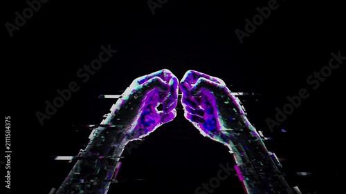 Two hands made by digital glitch effects.