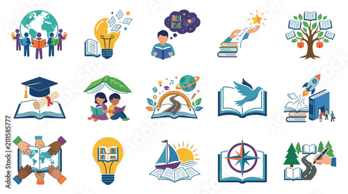 Quadro su tela Minimalist Colorful Educational Icons Set Featuring Books Globes Light Bulbs Tre
