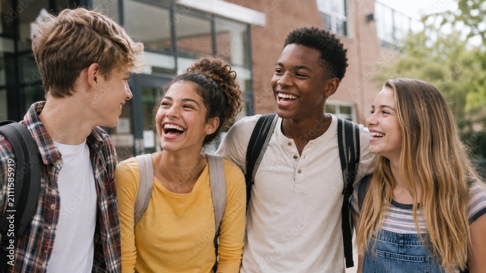 Obraz premium Group of diverse students laughing together outdoors. Happy young friends walking and talking in urban setting with backpacks