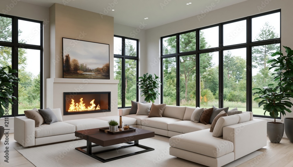Obraz premium Interior design of a modern luxury living room with a sofa fireplace and windows