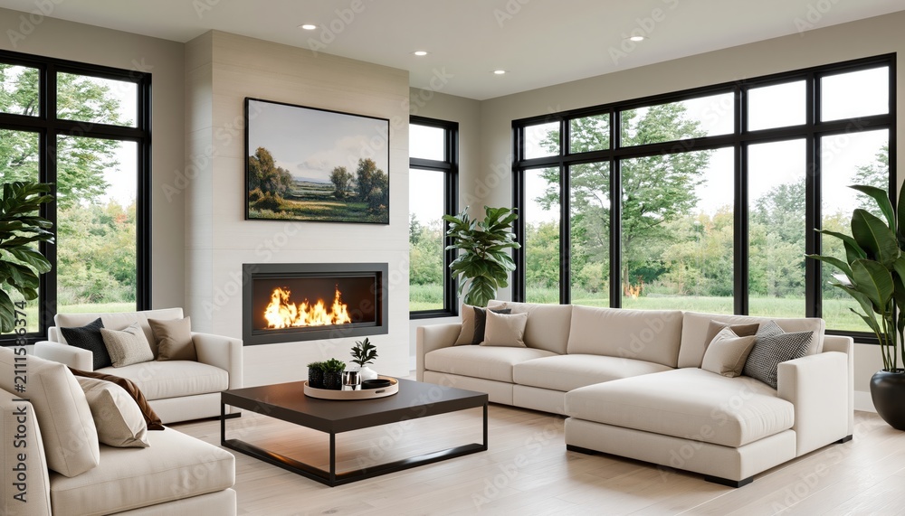 Obraz premium Interior design of a modern living room with luxury sectional sofa and fireplace