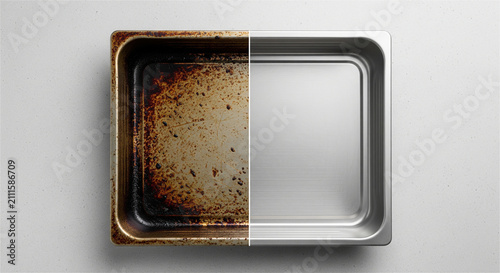 Dirty and clean baking sheet comparison, before and after cleaning metal tray, stainless steel kitchen pan with burnt grease