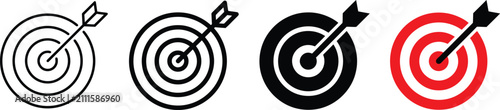 Target icon set with arrow hitting center, bullseye goal objective symbol isolated on transparent background