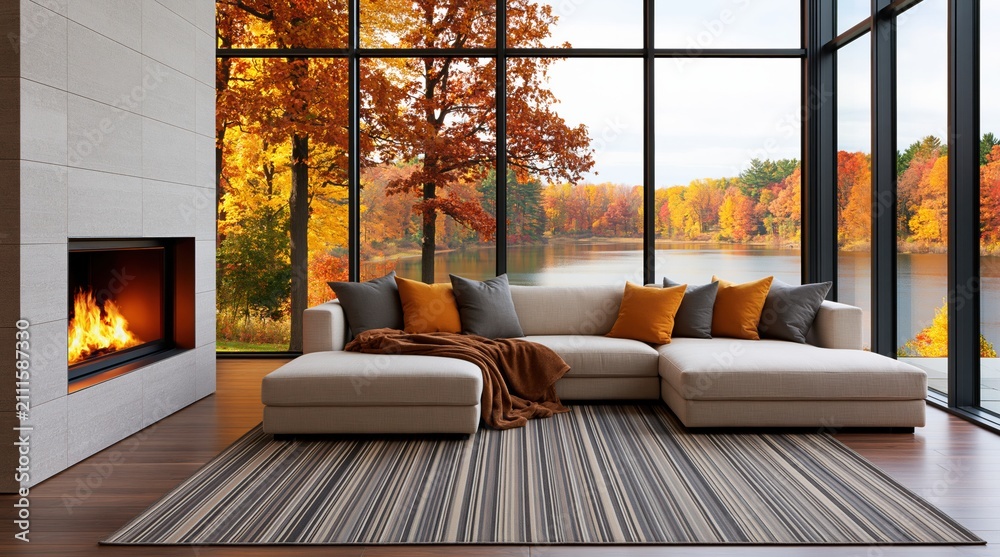 Obraz premium Interior of a modern living room with a fireplace and scenic autumn lake view