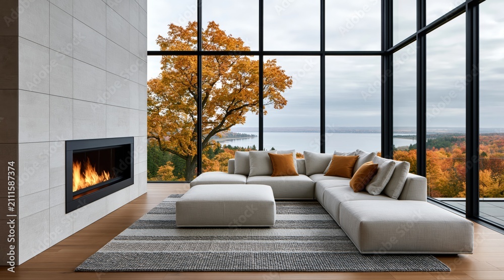 Obraz premium Interior of a modern living room with luxury sectional sofa and fireplace window