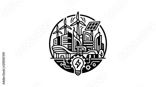 Energy efficiency icon with city inside bulb gear.