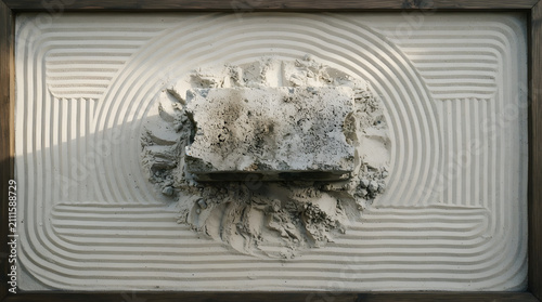 Cinderblock in zen sand garden isolated on clean surface for modern commercial business asset