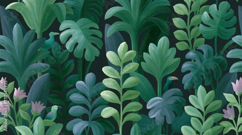 Lush Hand-Painted Tropical Jungle Illustration with Exotic Green Leaves, Birds and Flowers