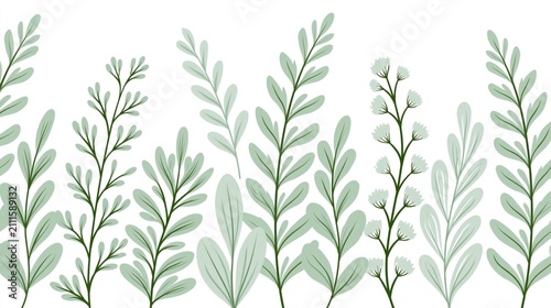 Muted green hand-drawn botanical leaf border on white background