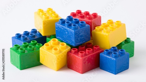 Pile of colorful plastic toy building blocks on a plain white background