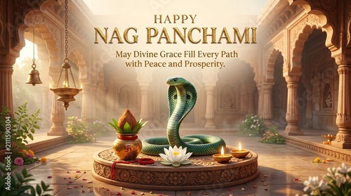Happy Nag Panchami Ancient Temple Festival Greeting Banner