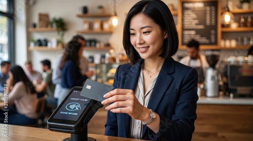 Asian Businesswoman Making a Contactless Payment with a Credit Card at a Modern Coffee Shop Counter