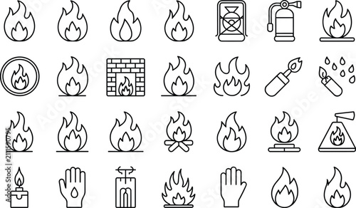 Foto Fire safety and flame related icons set featuring line art illustrations for ind