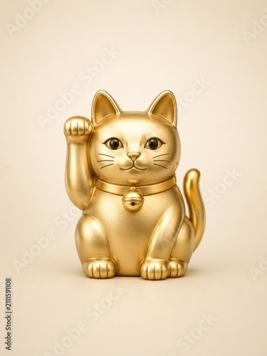 Luxury Gold Japanese Maneki Neko Lucky Cat on Ivory Background