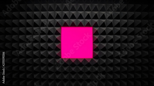 Abstract Digital Background Featuring a Bright Magenta Glowing Square Amidst a Dark Geometric Pyramid Textured Surface