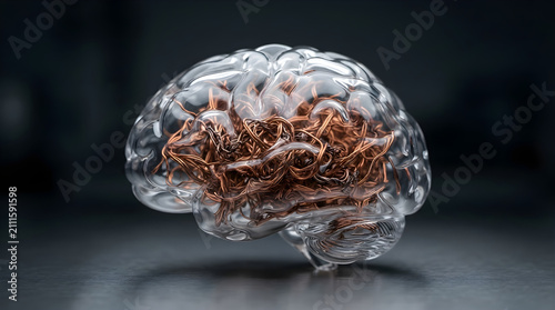 Acrylic brain with copper wire isolated on clean surface for modern commercial business asset