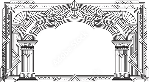 Deco style rectangular frame with geometric pillars and archway, black and white line for invitations and borders