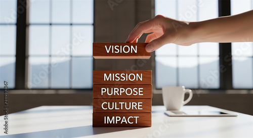 Corporate strategy wooden blocks with vision, mission, purpose, culture and impact. Business core values stack, hand building company foundation concept